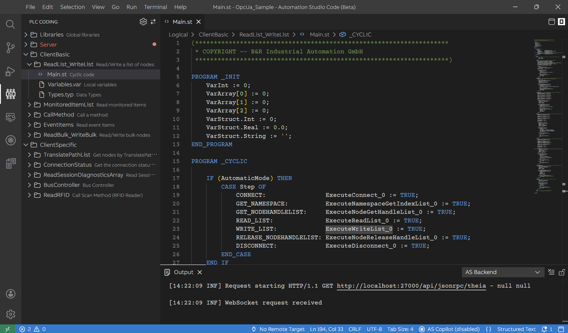 Automation Studio Code engineering environment showing a modern software-centric editor for structured text automation development.